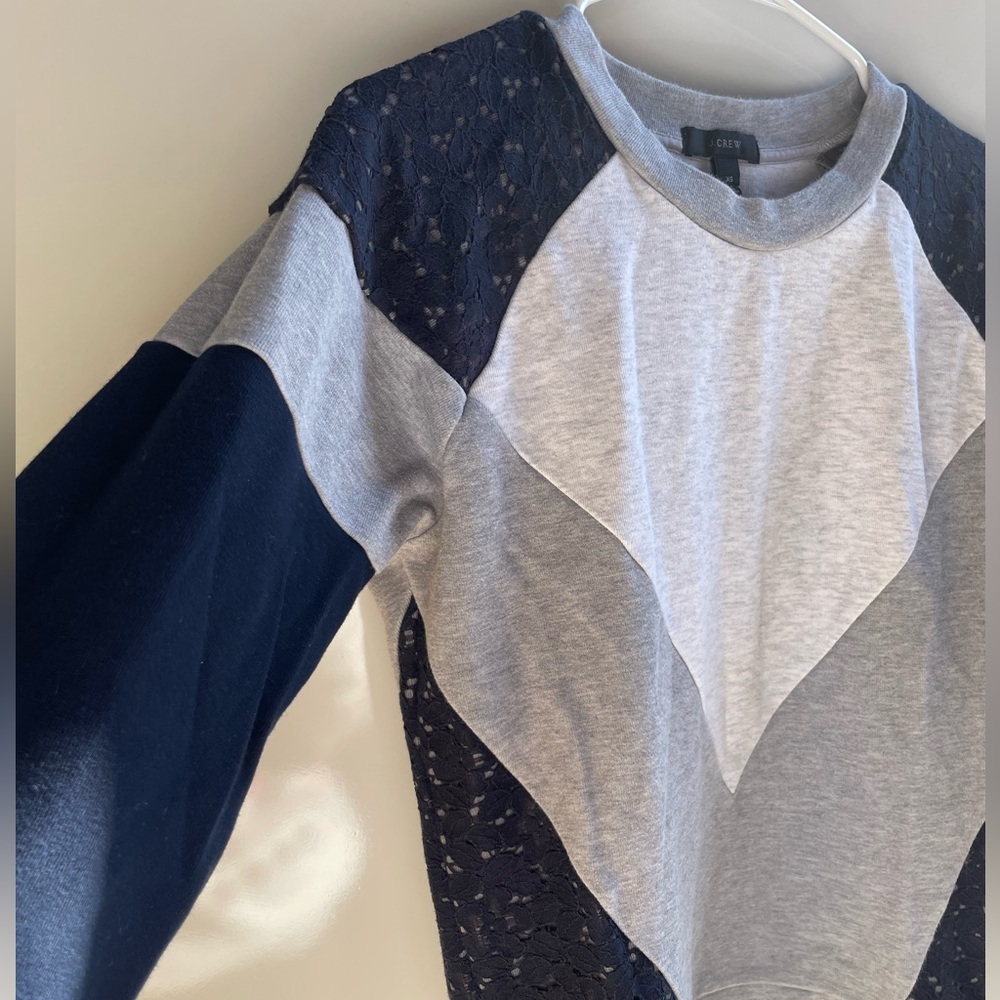 Navy and gray lace, J.Crew sweatshirt